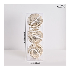 Three gold glitter Christmas foam balls with pearls and ribbons in clear packaging box