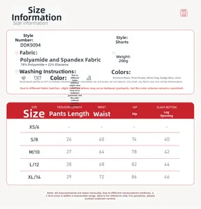 Guide des tailles pour shorts de yoga en tissu respirant indiquant les mesures du S au XL
