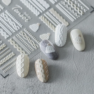 3D embossed white sweater texture nail art stickers with knit patterns and beanies