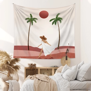 Bohemian tapestry featuring beach woman and palm trees illustration for bedroom decor