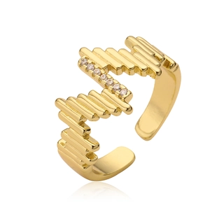 Adjustable gold plated wave ring with sparkling cubic zirconia on a white background