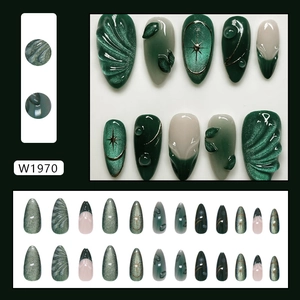 Green cat eye press on nails with 3D leaf relief and almond shape French style set