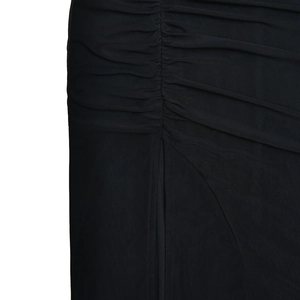 Detailed close-up showing the ruched design and side slit of this sexy black slim maxi dress