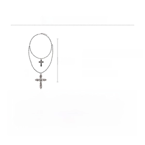 Close-up of double-layered black glass bead necklace with ornate rhinestone cross pendants