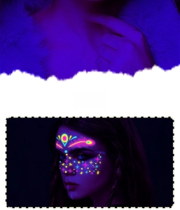 Macro detail of neon UV reactive face stickers featuring glowing geometric patterns for music festivals