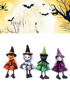 Halloween plush pendant set featuring a pumpkin, skeleton, black cat, and witch dolls