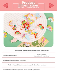 Macro view of colorful resin unicorn and rainbow DIY charms for crafts and hair accessories