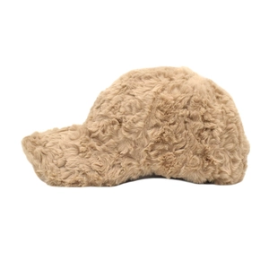 Close-up of khaki plush baseball cap showing thick fuzzy winter faux fur texture