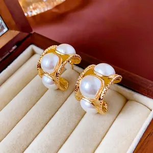 Vintage C-Shape Hoop Earrings With Imitation Artificial Pearl Alloy Metal And 925 Sterling Silver Earring Post For Women French Style