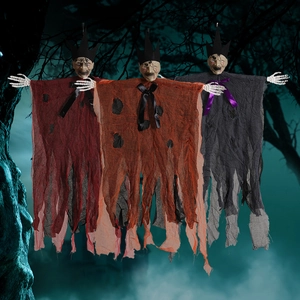 Three Halloween skeleton ghost hanging decorations in red orange and black robes