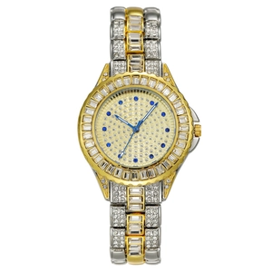 Elegant gold and silver dual-tone women's watch with rhinestones and blue dot markers