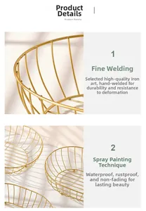 Detail of gold iron fruit basket showing fine welding and sleek metal mesh structure