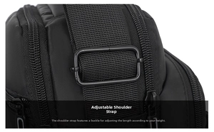 Close-up of adjustable nylon shoulder strap with buckle on black commuter crossbody bag