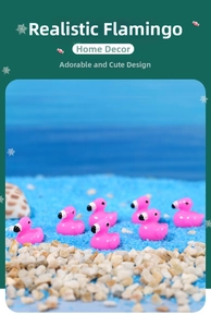 Detail of 6 pink resin flamingo figurines in a blue sand micro landscape decoration