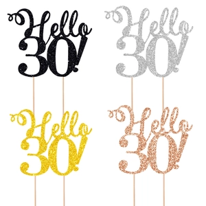 Details der Hello 30 Kuchendekoration in Glitzer-Schwarz, Silber, Gold und Roségold
