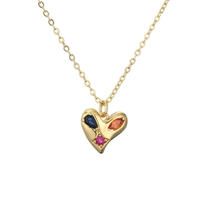 Gold necklace with heart pendant featuring vibrant blue, orange, and pink gemstones