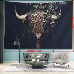 Extra large 300x180cm wall tapestry featuring a floral highland cow on dark blue