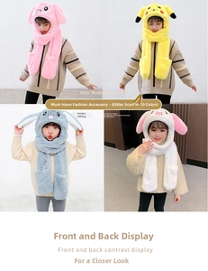Detail of plush animal hoods with moving ears, scarf and gloves combo for girls