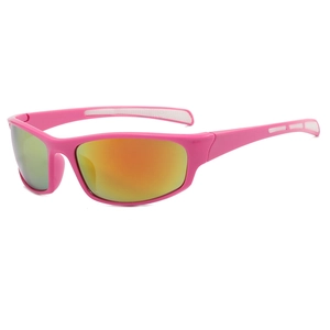 Pink athletic sports cycling sunglasses with reflective orange mirrored lenses and UV protection