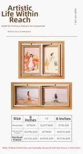 Size chart for rotating double-sided wooden photo frames in 6, 7, and 8 inch sizes