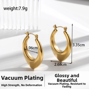 Detailed view of gold vacuum plated drop-shaped stainless steel earrings with size markings