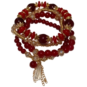 Four-piece crystal beaded bracelet set in red and gold with retro tassels and pendants