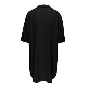 Vista trasera del vestido de gasa negro asimétrico con mangas cortas enrolladas y cuello