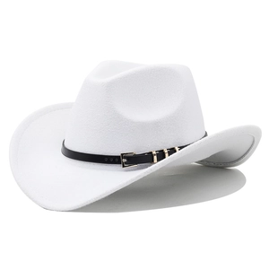 Classic white wool felt western cowboy hat featuring black leather band and gold buckle