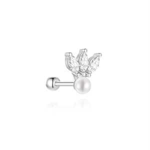 Detail shot of S925 sterling silver ear stud with marquise zircon stones and white pearl