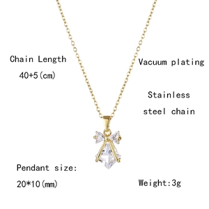 Detail view of bow pendant necklace dimensions with stainless steel chain parameters