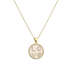 Gold LOVE pendant necklace with micro-paved cubic zirconia in circular setting
