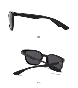 Detail view of polarized sunglasses side and back showing carbon fiber texture on temples