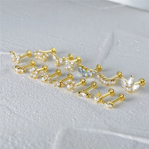 Golden S925 silver butterfly pearl ear stud with cubic zirconia and thread piercing