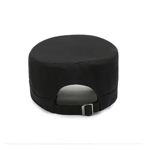 Rear detail of black cotton cadet cap showing adjustable metal buckle and stitching
