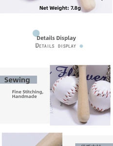 Detailed view of mini wooden baseball bat keychain with hand-stitched leather ball 7.8g
