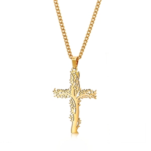 Golden stainless steel necklace featuring a tree of life cutout within a cross pendant