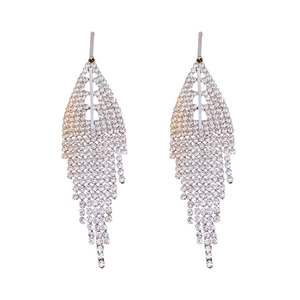Elegant silver triangle tassel earrings with sparkling rhinestones on a white background
