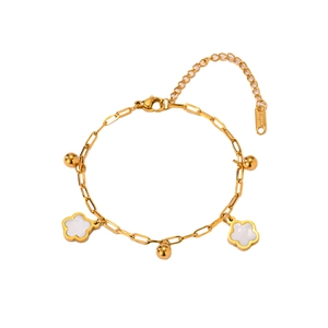 Golden stainless steel clover anklet with white heart charms and paperclip chain links