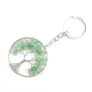 Detail of silver wire-wrapped Tree of Life keychain with green crystal stones on white base