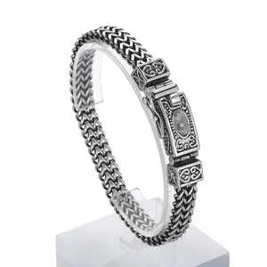 Men Dual Row Wheat Chain Bracelet 316L Stainless Steel Retro Floral Carved Clasp Punk Hip Hop Vintage Jewelry