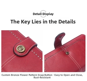 Red long vintage women wallet with custom bronze flower snap button and detailed stitching.