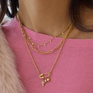 Golden paperclip layered necklace with cross and heart charms for women jewelry