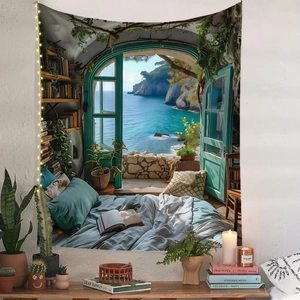 Detail view of Bohemian seascape tapestry hanging on wall with cozy bedroom decor