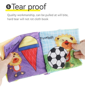 Detail of tear-proof fabric lion book showing durable quality workmanship for babies