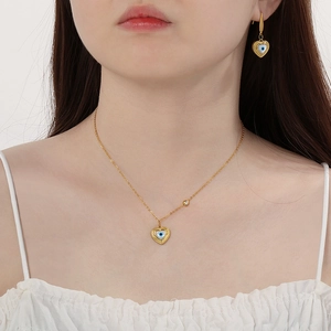 Heart Evil Eye Necklace And Earrings Stainless Steel 18K Gold Plated Mother Of Artificial Pearl Shell Inlay Fashion For Women