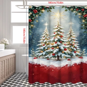 Weihnachts-Duschvorhang mit verschneiten Bäumen und roten Ornamenten, 180x180cm Maß