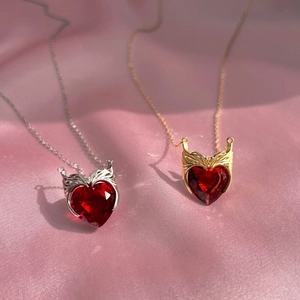 Heart Pendant Necklace Stainless Steel Red Zircon Wings Design Gold Plated Jewelry Women Gothic Style Accessory
