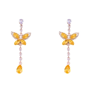 Elegant gold butterfly drop earrings with yellow zircon crystals and teardrop pendant