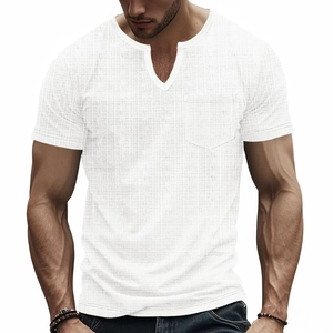 Men's white V-neck short sleeve T-shirt with waffle texture fabric and chest pocket