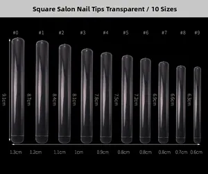 Size chart showing extra long square salon nail tips in 10 different dimensions
